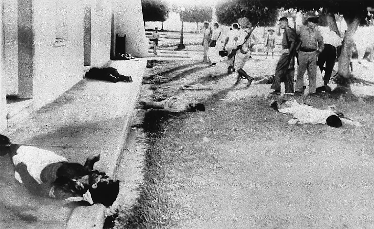 EDITORS-NOTE-GRAPHIC-CONTENT-Following-an-unsuccessful-uprising-against-dictator-Fulgencio-Batista-the-dead-bodies-of-shot-insurgents-lie-on-the-grounds-of-the-Moncada-barracks-in-Santiago-de-Cuba-on-July-26-1953-The-attack-on-the-Moncada-barracks-which-left-54-people-dead-was-the-start-of-a-long-lasting-civil-war-on-the-island-of-Cuba-which-ended-with-the-overthrow-of-the-Batista-regime