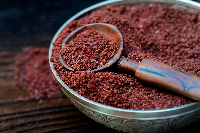 Sumachpulver-in-Schale-und-Loeffel-Rhus-coriaria