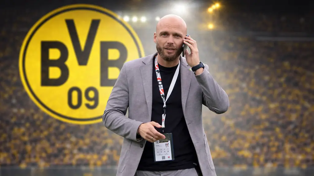 ACHTUNG-FOTOMONTAGE-Hier-im-Bild-Nils-Ole-Book-derzeit-Sportvorstand-bei-der-SV-07-Elversberg-wird-aktuell-als-moeglicher-neuer-Sportdirektor-bei-Borussia-Dortmund-und-damit-Kehl-Nachfolger-gehandelt-im-Hintergrund-das-Logo-Wappen-des-Vereins-Elversberg-Ursapharm-Arena-an-der-Kaiserlinde-Saarland-Deutschland-DEU-ATTENTION-PHOTO-MONTAGE-Here-in-the-picture-Nils-Ole-Book-currently-sports-director-at-SV-07-Elversberg-is-currently-being-traded-as-a-possible-new-sports-director-at-Borussia-Dortmund-and-thus-Kehls-successor-in-the-background-the-logo-coat-of-arms-of-the-club-Elversberg-Ursapharm-Arena-an-der-Kaiserlinde-Saarland-Germany-DEU-Copyright-xFabianxKleerx