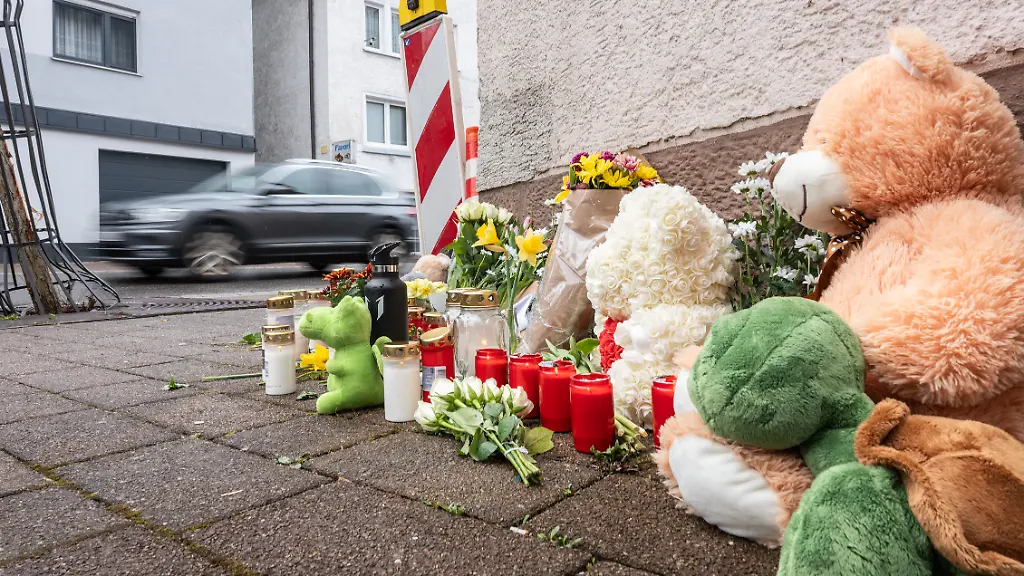 Blumen-Kerzen-und-Kuscheltiere-liegen-an-der-Ungluecksstelle-in-Schramberg-Am-Mittwochvormittag-hat-ein-Lastwagenfahrer-laut-der-Polizei-mutmasslich-durch-eine-medizinische-Ursache-die-Kontrolle-ueber-sein-Fahrzeug-verloren-und-hat-dabei-eine-junge-Mutter-und-ihr-Kleinkind-getoetet