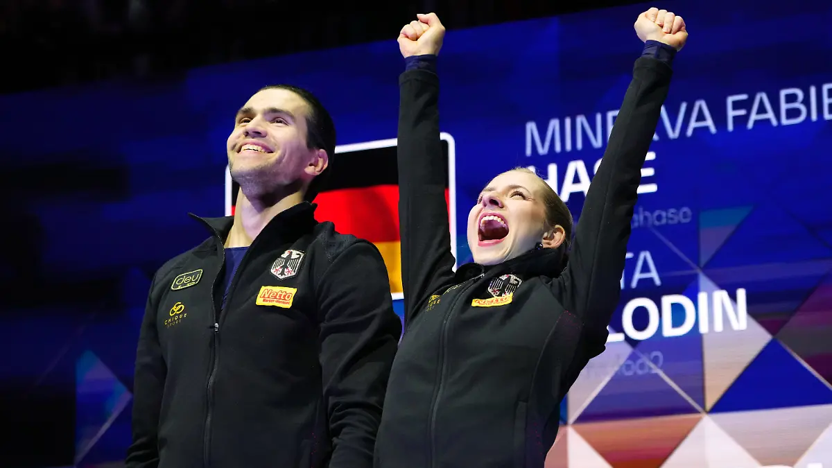 Minerva-Fabienne-Hase-and-Nikita-Volodin-of-Germany-celebrate-after-performing-during-the-pairs-free-skating-at-the-Figure-Skating-World-Championships-in-Prague-Czech-Republic-Thursday-March-26-2026