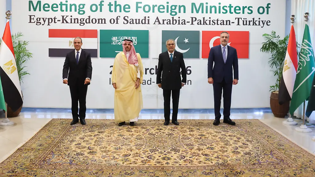 ISLAMABAD-PAKISTAN-MARCH-29-EDITORIAL-USE-ONLY-MANDATORY-CREDIT-AeoTURKISH-MINISTRY-OF-FOREIGN-AFFAIRS-HANDOUT-NO-MARKETING-NO-ADVERTISING-CAMPAIGNS-DISTRIBUTED-AS-A-SERVICE-TO-CLIENTS-Turkish-Foreign-Minister-Hakan-Fidan-2nd-R-poses-for-a-family-photo-with-PakistanAeos-Foreign-Minister-Muhammad-Ishaq-Dar-2nd-L-EgyptAeos-Foreign-Minister-Badr-Abdelatty-L-and-Saudi-ArabiaAeos-Foreign-Minister-Faisal-bin-Farhan-during-the-AeuTurkiye-Egypt-Pakistan-Saudi-Arabia-Foreign-Ministers-MeetingAeu-in-Islamabad-Pakistan-on-March-29-2026