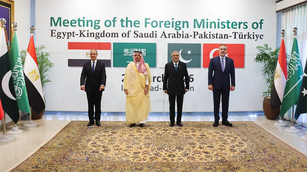 ISLAMABAD-PAKISTAN-MARCH-29-EDITORIAL-USE-ONLY-MANDATORY-CREDIT-AeoTURKISH-MINISTRY-OF-FOREIGN-AFFAIRS-HANDOUT-NO-MARKETING-NO-ADVERTISING-CAMPAIGNS-DISTRIBUTED-AS-A-SERVICE-TO-CLIENTS-Turkish-Foreign-Minister-Hakan-Fidan-2nd-R-poses-for-a-family-photo-with-PakistanAeos-Foreign-Minister-Muhammad-Ishaq-Dar-2nd-L-EgyptAeos-Foreign-Minister-Badr-Abdelatty-L-and-Saudi-ArabiaAeos-Foreign-Minister-Faisal-bin-Farhan-during-the-AeuTurkiye-Egypt-Pakistan-Saudi-Arabia-Foreign-Ministers-MeetingAeu-in-Islamabad-Pakistan-on-March-29-2026
