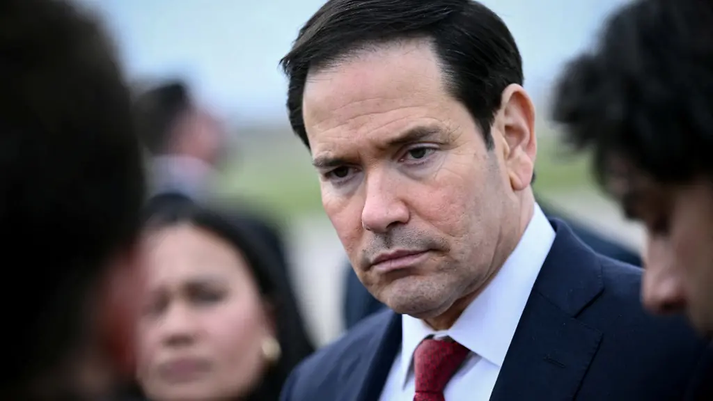 US-Secretary-of-State-Marco-Rubio-looks-on-as-he-speaks-to-the-press-before-his-departure-following-a-G7-Foreign-Ministers-meeting-with-Partner-Countries-before-his-departure-at-the-Bourget-airport-in-Le-Bourget-outside-Paris-France-March-27-2026