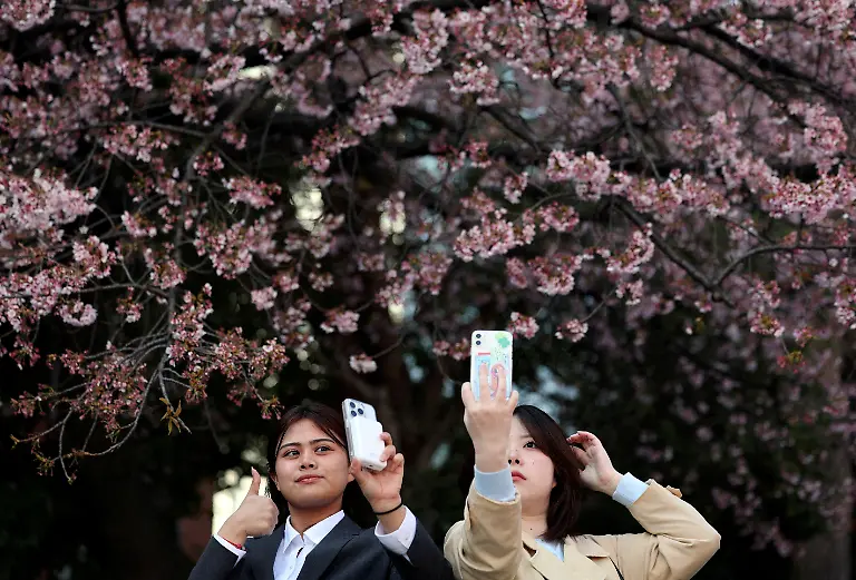 FILE-PHOTO-Visitors-take-selfies-in-front-of-the-early-flowering-cherry-blossoms-at-Ueno-Park-in-Tokyo-Japan-March-17-2026