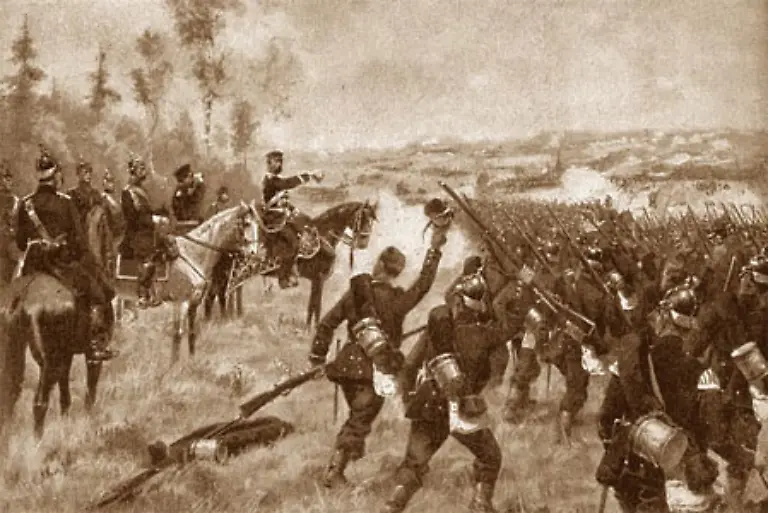 Im-Krieg-von-1866-kaempfen-die-Gegner-Preussens-Oesterreicher-und-Verbaende-des-Deutschen-Bundes-unter-den-Farben-Schwarz-Rot-Gold-Und-verlieren