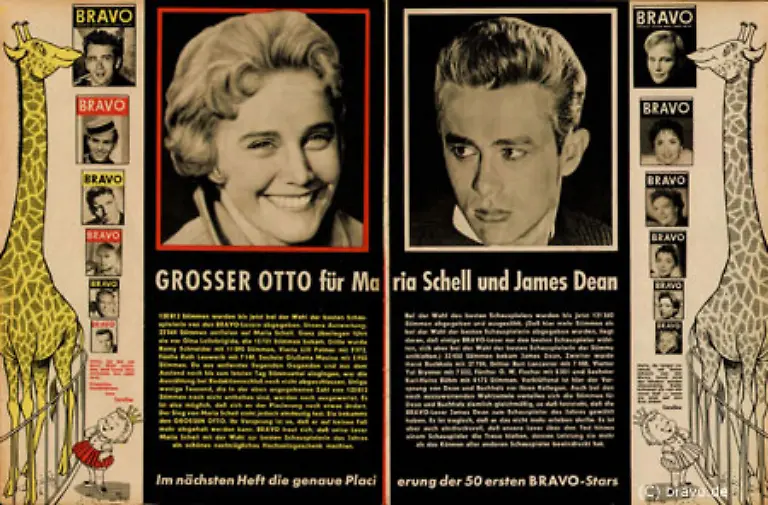 Maria-Schell-und-James-Dean-bekommen-die-ersten-Exemplare-der-inzwischen-sehr-beliebten-Auszeichnung