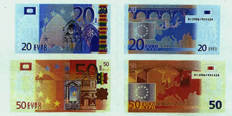 auch-das-Design-der-Scheine-ist-pure-Fantasie-Weil-die-Euro-Laender-sich-nicht-auf-reale-Motive-einigen-koennen-werden-erfundene-Bruecken-und-Fenster-abgebildet-die-jeweils-einer-kulturhistorischen-Epoche-zugeordnet-sind