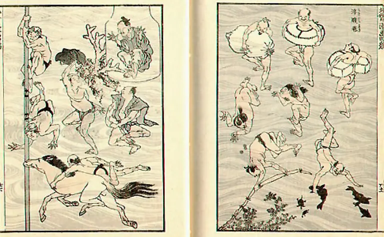 Das-Foto-zeigt-ein-Bild-des-Hokusai-Manga-welches-keine-Geschichte-sondern-Momentaufnahmen-der-japanischen-Gesellschaft-und-Kultur-darstellt
