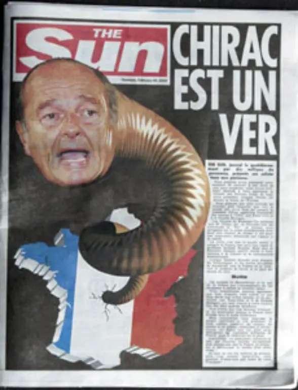 Als-sein-diplomatisches-Paradestueck-gilt-der-Kampf-gegen-den-US-gefuehrten-Irak-Krieg-Chirac-zeigte-sich-ganz-vorn-auf-der-Barrikade-der-Kriegsgegner-Die-britische-Zeitung-The-Sun-stellte-ihn-deswegen-als-Wurm-dar