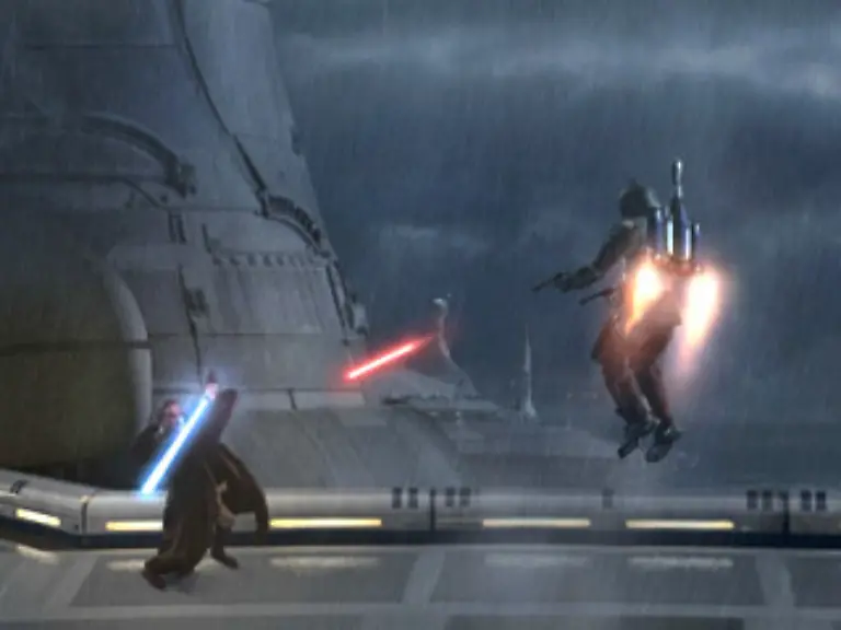 Der-Kopfgeldjaeger-Django-Fett-erscheint-Kenobi-verdaechtig-Er-versucht-ihn-festzunehmen-doch-Fett-entkommt-Obi-Wan-kann-ihn-mit-Hilfe-eines-Peilsenders-auf-dem-Planeten-Geonosis-aufspueren-Dort-belauscht-er-ein-Gespraech-zwischen-Count-Dooku-einem-abtruennigen-Jedi-und-der-Handelsfoederation