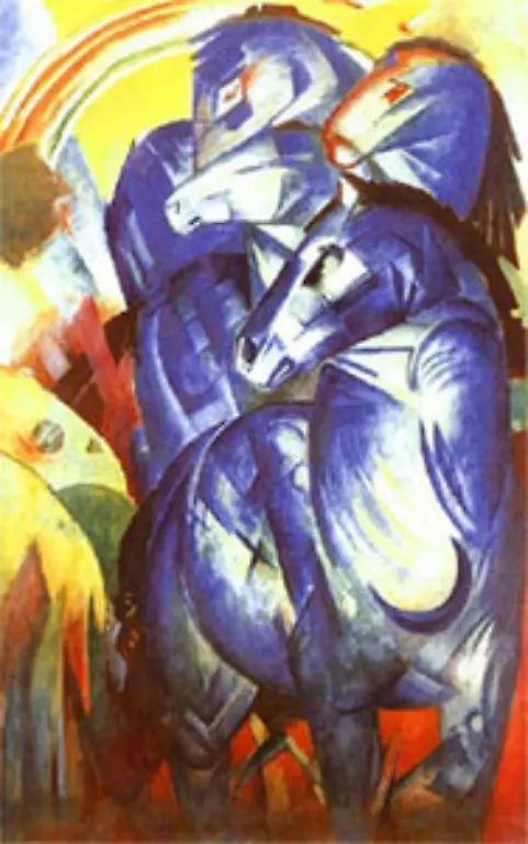 Von-Franz-Marc-werden-insgesamt-fuenf-Bilder-gezeigt-Der-Turm-der-blauen-Pferde-1913-14-wird-nach-einer-Intervention-des-Deutschen-Offiziersbundes-aus-der-Schau-entfernt-Marc-war-1916-bei-der-Schlacht-bei-Verdun-gefallen-Das-Bild-ist-heute-verschollen