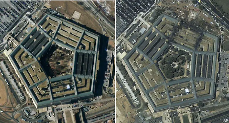 Das-Pentagon-Links-eine-Aufnahme-vor-dem-Anschlag-rechts-ein-Bild-vom-12-September-2001-Die-Zerstoerungen-oben-rechts-sind-deutlich-zu-erkennen