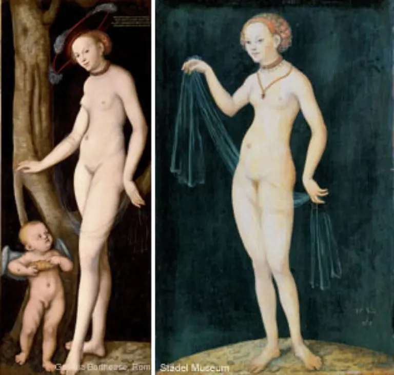 Die-antike-Schoenheitsgoettin-Venus-mit-und-ohne-Amor-beide-Bilder-um-1530