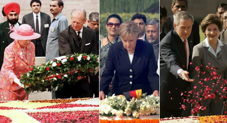 Gekroente-Haeupter-wie-Elizabeth-II-Regierungschefs-wie-Bundeskanzlerin-Angela-Merkel-und-Praesidenten-wie-George-W-Bush-besuchen-bei-Staatsempfaengen-Gandhis-Gedenkstaette-in-Rajghat