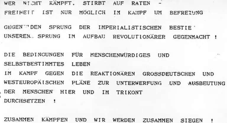 Grams-war-also-tot-und-Hogefeld-bereits-im-Gefaengnis-als-1998-die-Aufloesungserklaerung-der-RAF-folgte-eine-von-mehreren-Mitteilungen-und-Leserbriefen-die-seit-Weiterstadt-im-Namen-der-Terrorgruppe-verfasst-wurden-Im-Bild-Rohwedder-Bekennerschreiben-der-RAF