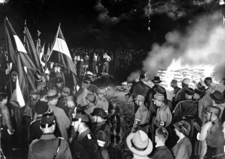 Sie-werden-1933-nicht-Opfer-einer-spontanen-Aktion-Die-Buecherverbrennung-ist-als-Hoehepunkt-einer-vierwoechigen-Kampagne-gedacht-die-systematisch-Universitaeten-oeffentliche-und-private-Bibliotheken-vom-zersetzenden-Schrifttum-befreien-soll