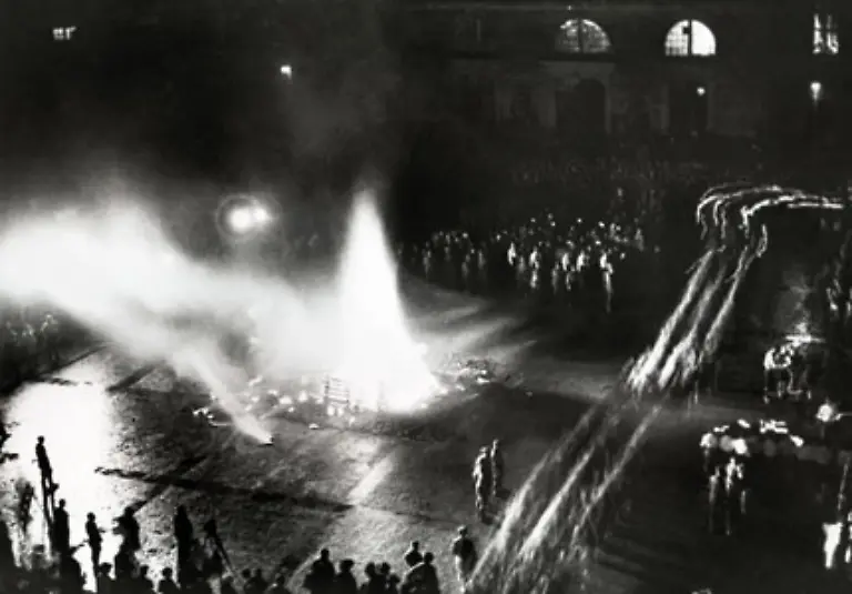 Der-studierte-Germanist-irrt-sich-Gegen-die-Buecherverbrennung-gibt-es-in-der-Bevoelkerung-kaum-Proteste-Die-Berliner-Feuerwehr-hilft-sogar-das-bei-Regen-schwer-entzuendbare-Feuer-zu-entflammen