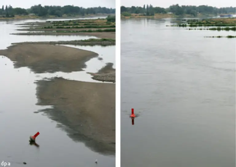 Weltweit-werden-sowohl-Ueberschwemmungen-als-auch-lange-Trockenzeiten-zunehmen-Links-die-Oder-in-Frankfurt-Oder-bei-extremem-Niedrigwasser-mit-einem-Pegelstand-von-90-Zentimetern-am-4-August-2006-rechts-mit-einem-rasch-steigendem-Pegel-von-215-Zentimetern-am-11-August-2006