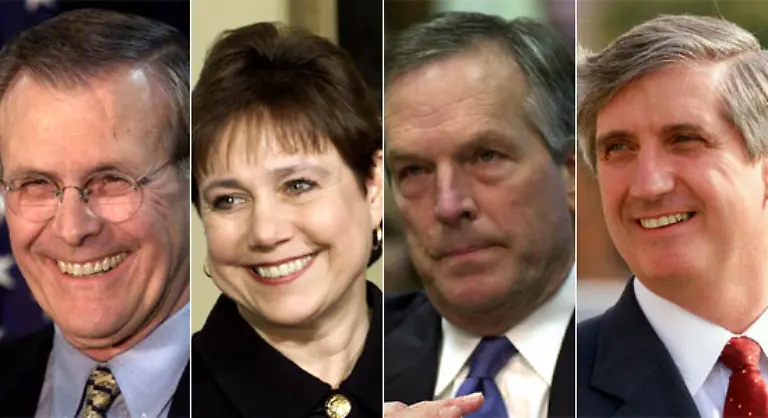 Verteidigung-Donald-Rumsfeld-Pharmaindustrie-Landwirtschaft-Ann-Veneman-Lebensmittel-Handel-Donald-Evans-Oel-Stabschef-Andrew-Card-Automobilbau-von-links
