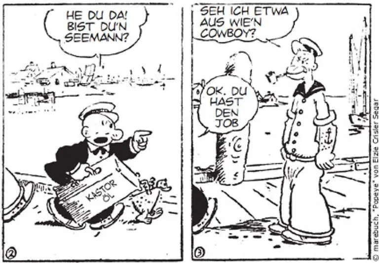 Im-Matrosenanzug-steht-Popeye-am-Kai-der-Reeder-fragt-ihn-He-du-da-Bist-du-n-Seemann-Popeye-blafft-zurueck-Seh-ich-etwa-aus-wie-n-Cowboy-Popeye-bekommt-dennoch-einen-Job-auf-dem-Schiff-das-Abenteuer-kann-beginnen