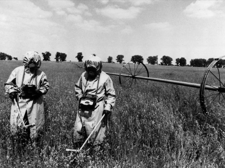 Spezialeinheiten messen auf einem Feld innerhalb der Sicherheitszone von Tschernobyl die Radioaktivität (im Mai 1986).