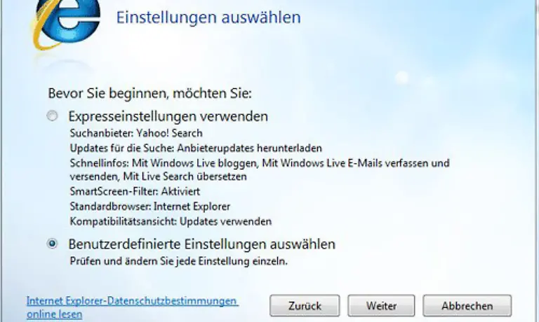 auf-das-Internet-Explorer-Symbol-klicken-sehen-Sie-dieses-Fenster-Am-einfachsten-ist-es-Sie-uebernehmen-die-Expresseinstellungen-Um-einige-neue-Funktionen-kennenzulernen-waehlen-wir-aber-die-benutzerdefinierten-Einstellungen