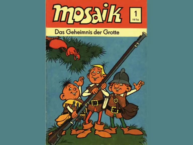 Das-Licht-der-Welt-erblickten-die-drei-Kobolde-Abrax-Brabax-und-Califax-im-Herbst-1975-auf-dem-Ruecktitel-des-DDR-Comics-Mosaik-eine-Ankuendigung-der-kommenden-Abenteuer-die-mit-dem-Januar-Heft-1976-begannen