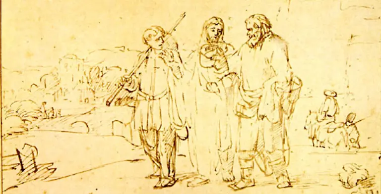 Am-dritten-Tag-nach-seiner-Kreuzigung-erscheint-Jesus-zwei-Juengern-die-unterwegs-nach-Emmaus-sind-einem-Dorf-in-der-Naehe-von-Jerusalem-Sie-erkennen-ihn-zunaechst-nicht-Er-erklaert-ihnen-den-Sinn-des-Opfertods