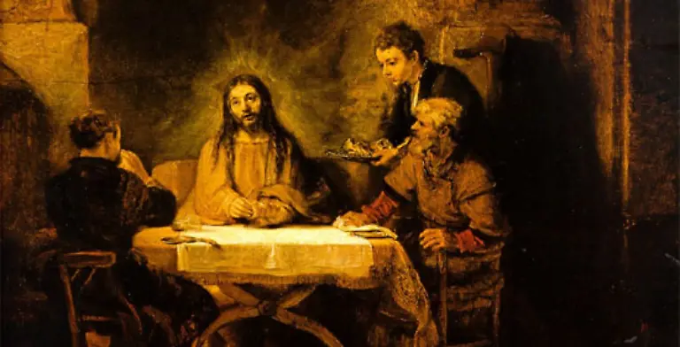 In-Emmaus-laden-ihn-die-beiden-zum-Abendessen-ein-Da-nahm-er-das-Brot-dankte-brach-s-und-gab-s-ihnen-so-Lukas-Die-beiden-Juenger-erkennen-ihren-Heiland-Und-er-verschwand-vor-ihnen-Weitere-Auferstehungsgeschichten-gibt-es-bei-Matthaeus-und-Markus