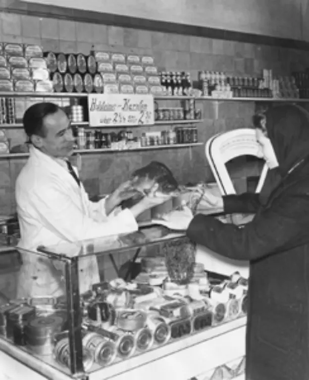 Die-50er-Jahre-in-Westdeutschland-sind-das-Jahrzehnt-des-Wirtschaftswunders-und-der-Wellen-Fresswelle-Autowelle-Wohnungswelle-Reisewelle-Das-Bild-zeigt-eine-Hamburger-Hausfrau-beim-Karpfenkauf-Weihnachten-1949