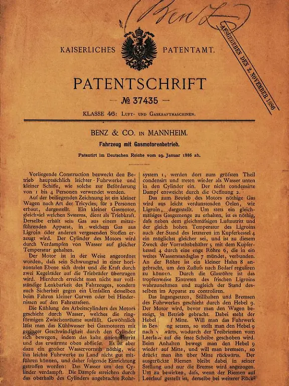 29-Januar-1886-Das-Datum-der-Patentanmeldung-gilt-als-Geburtstag-des-Automobils-die-Patentschrift-Nummer-37435-als-seine-Geburtsurkunde