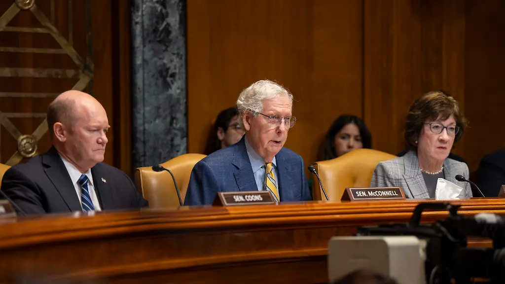 June-11-2025-Washington-Dc-United-States-of-America-U-S-Senator-Mitch-McConnell-R-KY-center-asks-a-question-to-Defense-Secretary-Pete-Hegseth-during-hearings-on-the-2026-Defense-Budget-in-front-of-the-Senate-Appropriations-Subcommittee-at-the-Dirksen-Senate-Office-Building-on-Capitol-Hill-June-11-2025-in-Washington-D-C-Sitting-from-left-Sen-Chris-Coons-D-DE-Sen-Mitch-McConnell-R-KY-and-Sen-Susan-Collins-R-ME