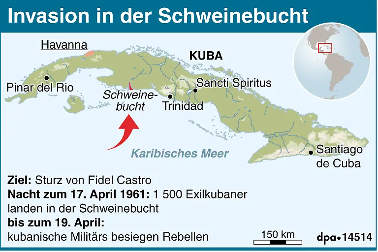 Karte-zur-Invasion-in-der-Schweinebucht-Kuba-17-April-1961-Querformat-90-x-60-mm-Grafik-J-Rescheke-Redaktion-Ch