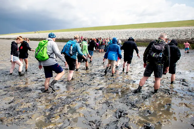 Teilnehmer-einer-gefuehrten-Wattwanderung-gehen-durch-den-Wattboden-vor-Upleward-in-der-Gemeinde-Krummhoern-Jeden-Sommer-muessen-Einsatzkraefte-Wanderer-aber-auch-Schwimmer-Surfer-oder-Segler-aus-Notlagen-retten-Beachtet-man-einfache-Grundregeln-lassen-sich-laut-Rettern-die-meisten-Notfaelle-im-Watt-vermeiden