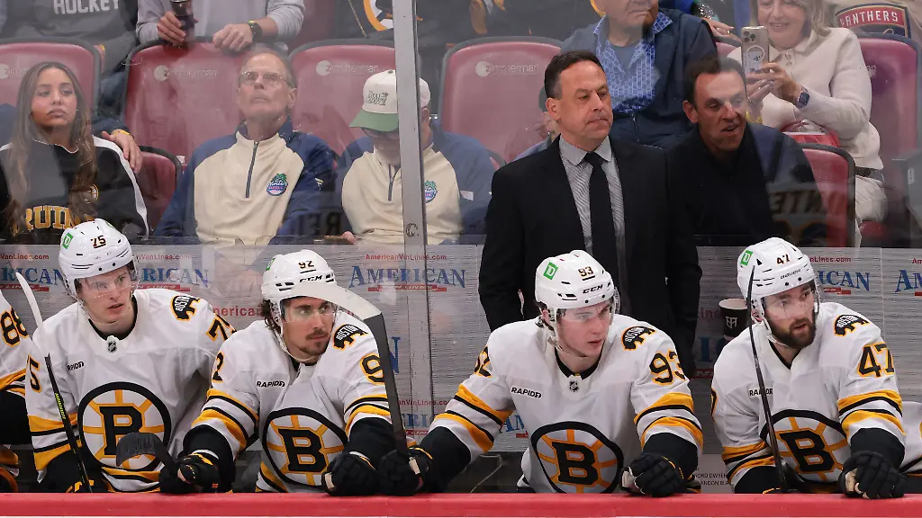 Apr-2-2026-Sunrise-Florida-USA-Boston-Bruins-head-coach-Marco-Sturm-watches-from-the-bench-against-the-Florida-Panthers-during-the-third-period-at-Amerant-Bank-Arena