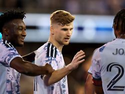 San Jose Earthquakes Midfielder Ousseni Bouda 7 Celebrates With Striker Timo Werner 11 After Scoring During An MLS Soccer Match Against The Atlanta United FC Saturday Feb 28 2026 In San Jose Calif