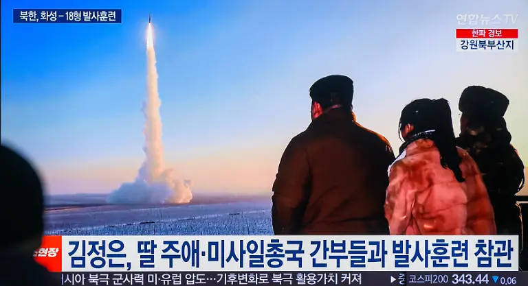 December-19-2023-Seoul-South-Korea-A-TV-at-Seoul-s-Yongsan-Railway-Station-shows-North-Korean-leader-Kim-Jong-Un-L-and-his-daughter-believed-to-be-named-Kim-Ju-Ae-2nd-from-L-inspecting-the-launch-of-a-Hwasong-18-solid-fuel-intercontinental-ballistic-missile-ICBM