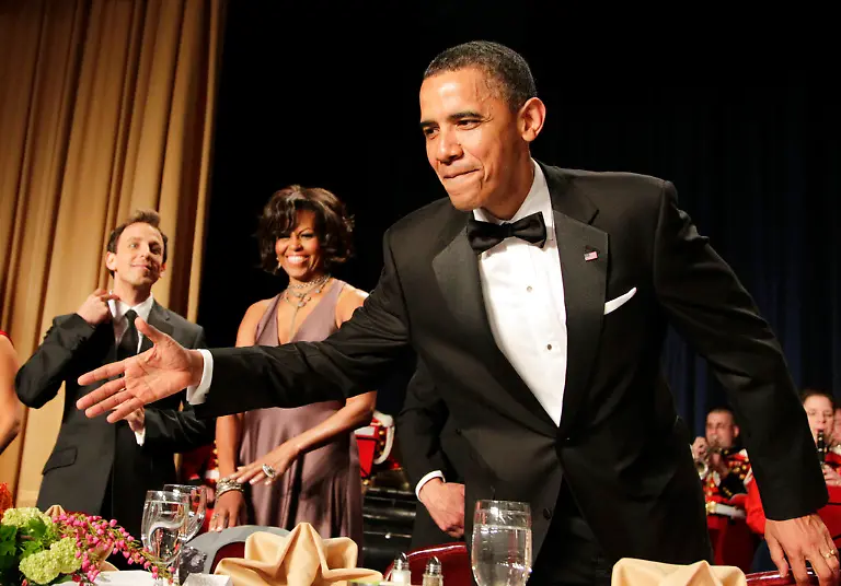 President-Barack-Obama-extends-his-hand-for-a-hand-shake-while-first-lady-Michelle-Obama-and-Saturday-Night-Live-s-Seth-Myers-left-look-on-during-the-White-House-Correspondents-Association-dinner-in-Washington-Saturday-April-30-2011