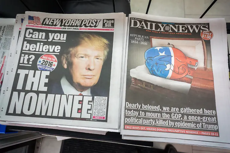 New-York-newspapers-on-Wednesday-May-5-2016-report-on-the-previous-day-s-Indiana-primary-and-Ted-Cruz-dropping-out-making-Donald-Trump-the-presumptive-Republican-presidential-nominee-Richard-B