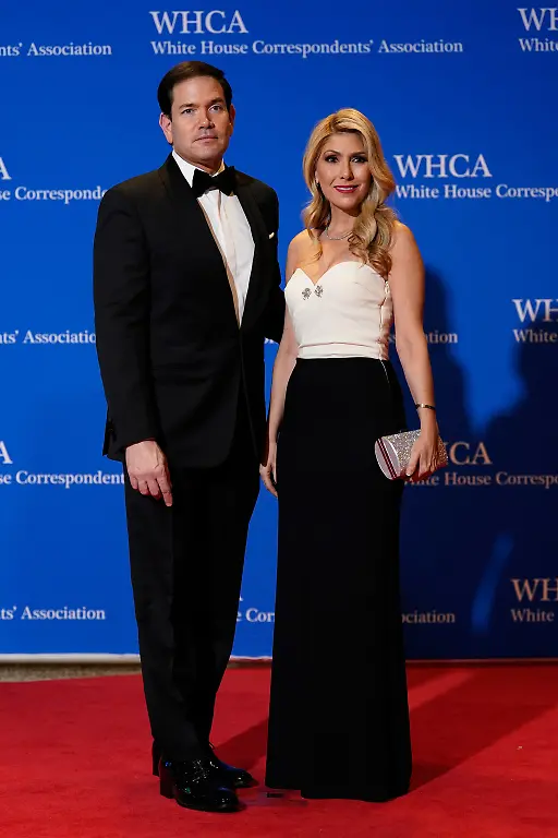Secretary-of-State-Marco-Rubio-and-his-wife-Jeanette-Dousdebes-Rubio-pose-for-photographers-at-the-annual-White-House-Correspondents-Association-Dinner-Saturday-April-25-2026-in-Washington