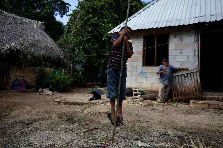 Leyner-Jesus-Chan-Kumul-a-member-of-a-Mayan-family-plays-with-a-stick-from-a-tree-as-his-grandfather-Gustavo-Mo-Cauich-69-stands-nearby-at-their-home-in-Uh-May-Quintana-Roo-state-Mexico-November-16-2025-Historically-marginalized-Maya-populations-in-Mexico-s-southeast-have-long-faced-high-poverty-rates-and-limited-access-to-services-and-while-the-Mayan-Train-was-promoted-as-a-way-to-bring-development-to-Indigenous-Maya-communities-many-community-activists-say-instead-that-their-forests-have-been-fragmented-communal-lands-eroded-and-traditions-strained-For-many-Maya-the-land-over-which-it-runs-is-their-sacred-inheritance-central-to-their-identity-and-linking-them-to-their-ancestors-REUTERS-Daniel-Becerril-SEARCH-BECERRIL-MAYA-TRAIN-FOR-THIS-STORY-SEARCH-WIDER-IMAGE-FOR-ALL-STORIES