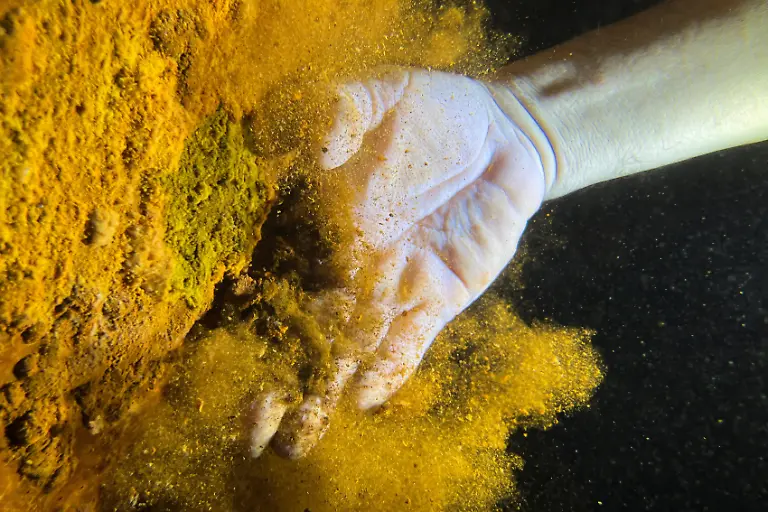 Speleologist-and-activist-Guillermo-DChristy-runs-his-hand-over-the-rust-clinging-to-the-bases-of-the-pipes-supporting-the-Maya-Train-during-a-tour-of-the-Oppenheimer-cave-system-in-Playa-del-Carmen-in-Quintana-Roo-Mexico-November-15-2025-Mexico-s-1-500-km-Mayan-Train-was-launched-to-drive-development-in-the-country-s-impoverished-south-through-infrastructure-and-tourism-but-two-years-after-its-inauguration-it-is-struggling-financially-ticket-sales-cover-only-a-fraction-of-costs-hotels-remain-largely-empty-and-communities-along-the-route-say-poverty-persists-and-promised-benefits-have-yet-to-materialize-A-Reuters-review-of-census-data-and-interviews-with-residents-along-the-line-found-that-poverty-remains-widespread-and-well-paid-jobs-scarce-despite-the-project-REUTERS-Daniel-Becerril-SEARCH-BECERRIL-MAYA-TRAIN-FOR-THIS-STORY-SEARCH-WIDER-IMAGE-FOR-ALL-STORIES