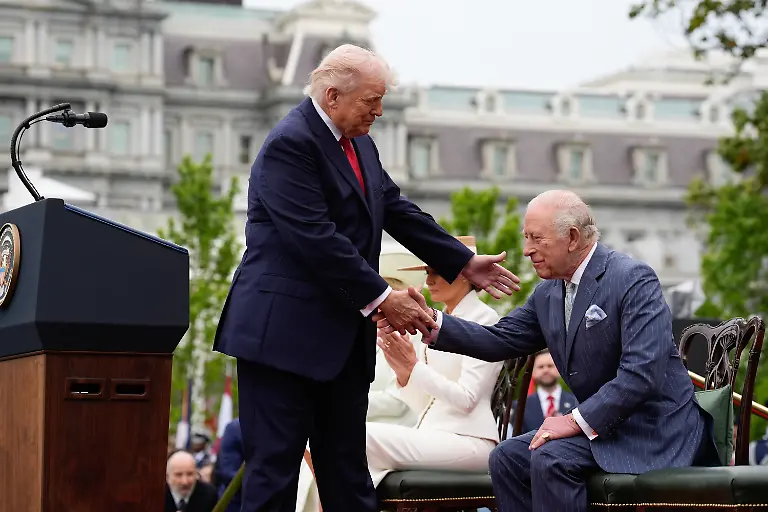 United-States-President-Donald-J-Trump-and-King-Charles-III-of-the-United-Kingdom-of-Great-Britain-and-Northern-Ireland-shake-hands-during-a-State-Arrival-ceremony-on-the-South-Lawn-of-the-White-House-in-Washington-DC-USA-on-March-28-2026