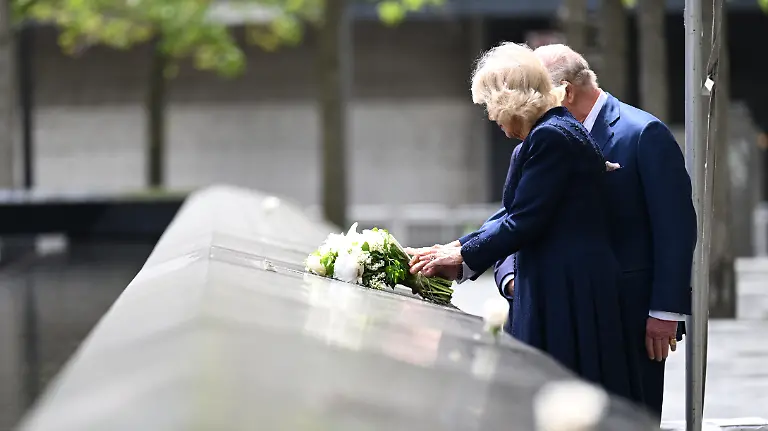 State-visit-to-the-US-Day-Three-Michael-Bloomberg-King-Charles-III-and-Queen-Camilla-are-seen-after-laying-a-bouquet-of-flowers-on-the-edge-of-one-of-the-memorial-s-pools-during-a-visit-to-the-9-11-Memorial-and-Museum-in-New-York-on-day-three-of-the-state-visit-to-the-US-Picture-date-Wednesday-April-29-2026