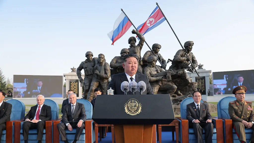 N-Korea-opens-memorial-museum-for-troops-North-Korean-leader-Kim-Jong-un-speaks-during-a-ceremony-for-the-dedication-of-the-Memorial-Museum-of-Combat-Feats-at-the-Overseas-Military-Operations-which-honors-its-troops-who-died-while-fighting-alongside-Russia-in-the-war-with-Ukraine-in-Pyongyang-on-April-26-2026-in-this-photo-released-by-the-North-s-official-Korean-Central-News-Agency-the-next-day-In-the-opening-ceremony-timed-with-the-first-anniversary-of-the-liberation-of-the-Kursk-region-from-Ukraine-forces-Kim-stressed-the-need-to-strengthen-Pyongyang-Moscow-ties-into-a-powerful-bulwark-For-Use-Only-in-the-Republic-of-Korea