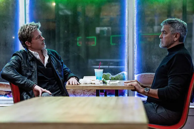 Brad-Pitt-and-George-Clooney-USA-Brad-Pitt-and-George-Clooney-in-C-Apple-TV-film-Wolfs-2025-Plot-A-young-man-dies-in-a-top-female-lawyers-hotel-bedroom-She-calls-an-emergency-number-to-call-At-the-same-time-the-hotel-also-call-out-their-own-fixer-The-two-men-are-then-forced-to-work-together-Director-Jon-Watts-Writer-Jon-Watts-Source-2020s-LMK106-250325-009-Supplied-by-LMKMEDIA-Editorial-Only-Landmark-Media-is-not-the-copyright-owner-of-these-Film-or-TV-stills-but-provides-a-service-only-for-recognised-Media-outlets