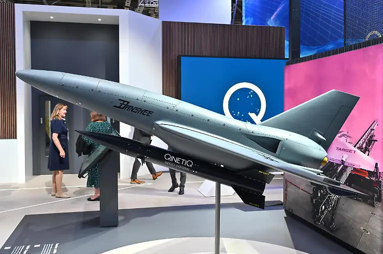 LONDON-ENGLAND-SEPTEMBER-09-A-QinetiQ-Banshee-Jet80-aerial-training-target-Uncrewed-Aerial-Vehicle-UAV-and-a-Rattler-Supersonic-Target-ST-are-displayed-during-the-Security-Equipment-International-DSEI-at-London-Excel-on-September-09-2025-in-London-England-The-Defence-and-Security-Equipment-International-DSEI-hosts-defence-equipment-manufacturers-from-around-the-world-at-a-4-day-exhibition-in-London-Anti-war-protesters-gather-outside-in-the-hope-of-preventing-the-event-from-going-ahead