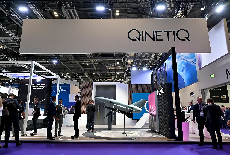 LONDON-ENGLAND-SEPTEMBER-09-A-QinetiQ-Banshee-Jet80-aerial-training-target-Uncrewed-Aerial-Vehicle-UAV-and-a-Rattler-Supersonic-Target-ST-are-displayed-during-the-Security-Equipment-International-DSEI-at-London-Excel-on-September-09-2025-in-London-England-The-Defence-and-Security-Equipment-International-DSEI-hosts-defence-equipment-manufacturers-from-around-the-world-at-a-4-day-exhibition-in-London-Anti-war-protesters-gather-outside-in-the-hope-of-preventing-the-event-from-going-ahead