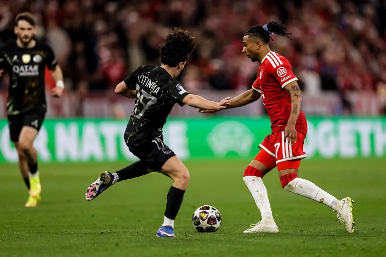 MUNICH-GERMANY-MAY-6-Michael-Olise-FC-FC-Bayern-Munich-17-challenged-by-Vitinha-FC-Paris-Saint-Germain-17-during-the-UEFA-Champions-League-Semi-Final-between-FC-FC-Bayern-Munich-vs-Paris-Saint-Germain-at-Allianz-Arena-at-Semi-Finals-2nd-leg-of-the-UEFA-Champions-League-on-May-6-2026-in-Munich-Germany